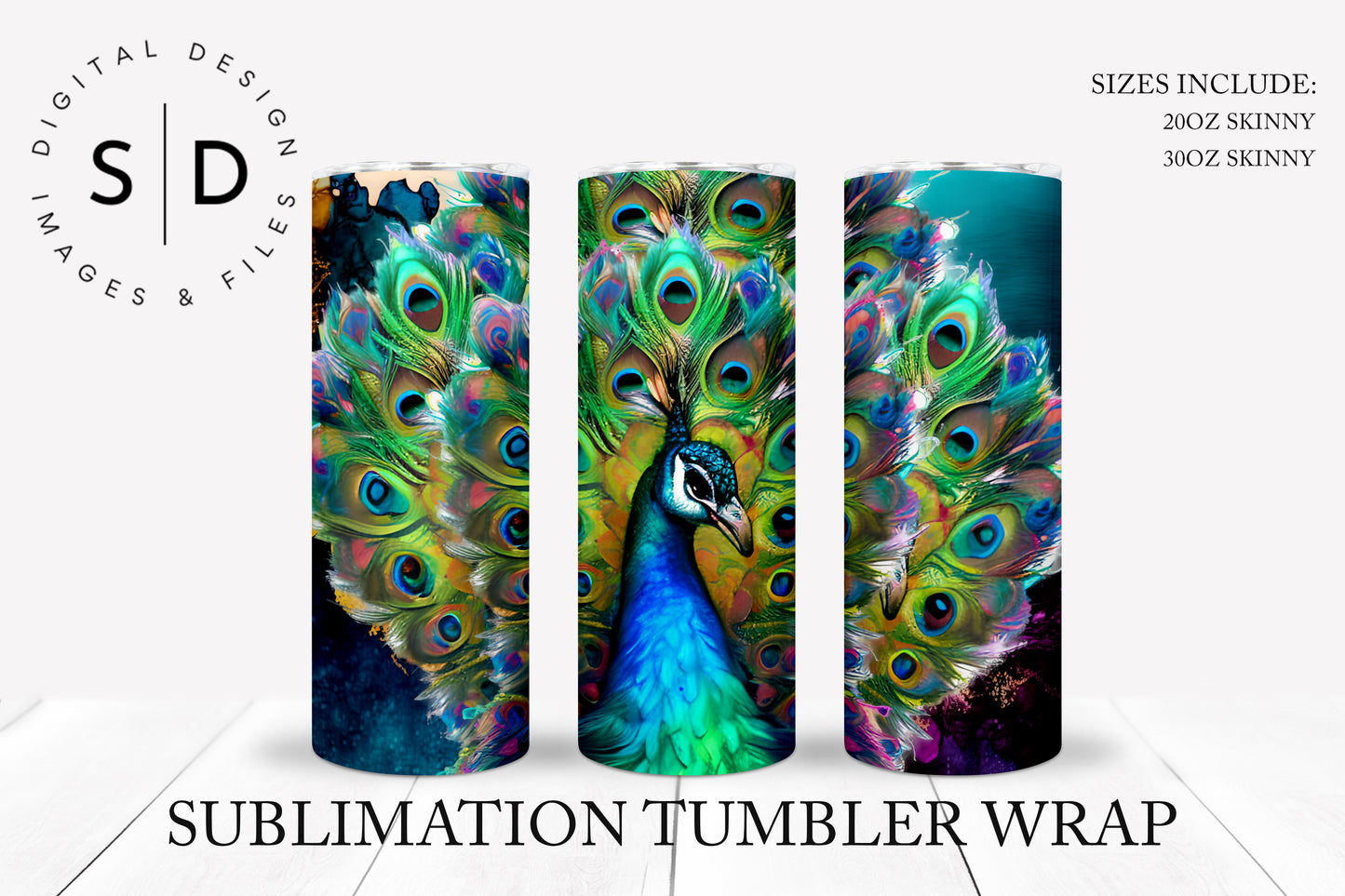 Peacock Water Color Print 20oz 30oz Sublimation Tumbler Designs