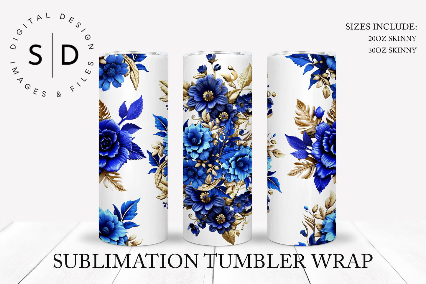 3D White Blue & Gold Flowers 20 30 oz Skinny Tumbler Sublimation Design