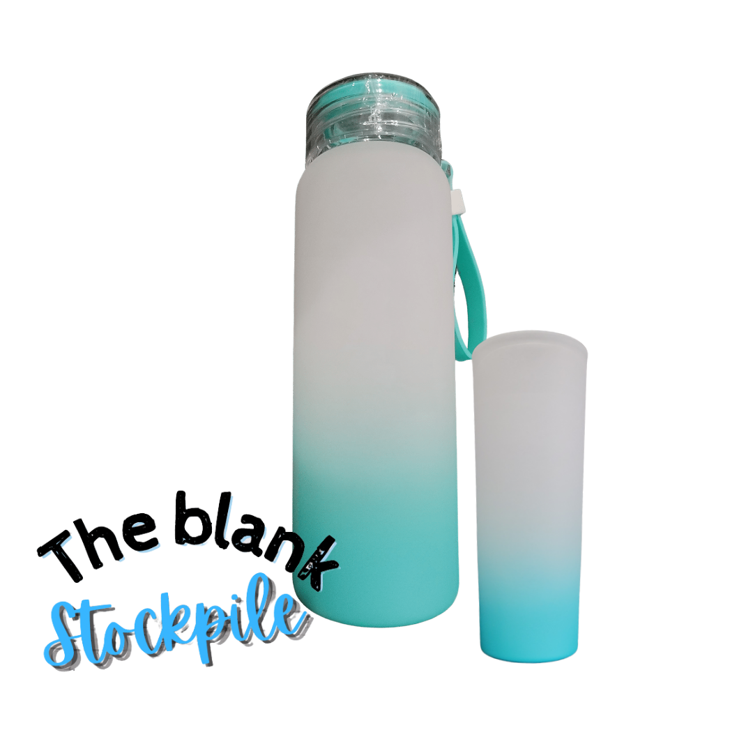 Set of 2| FROSTED Ombre Color Gradient 500ml/16.9oz Glass Water Bottle & matching 3 oz shot glass
