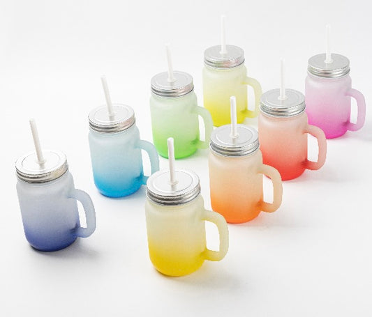 FROSTED Ombre Color Gradient 14.5 oz Mason Jar glass with lid and straw