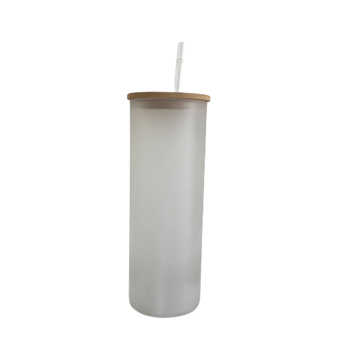 Sublimation Glass Beer Can Frosted White with Bamboo Lid and Glass