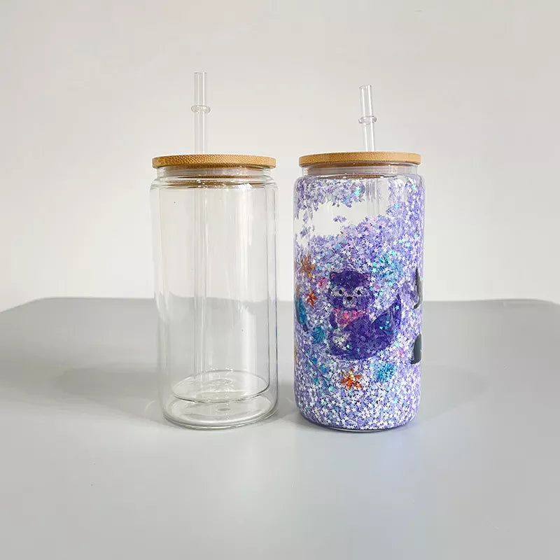 Double Wall Glass, Tumbler Beer Can W/Bamboo Lids transparent