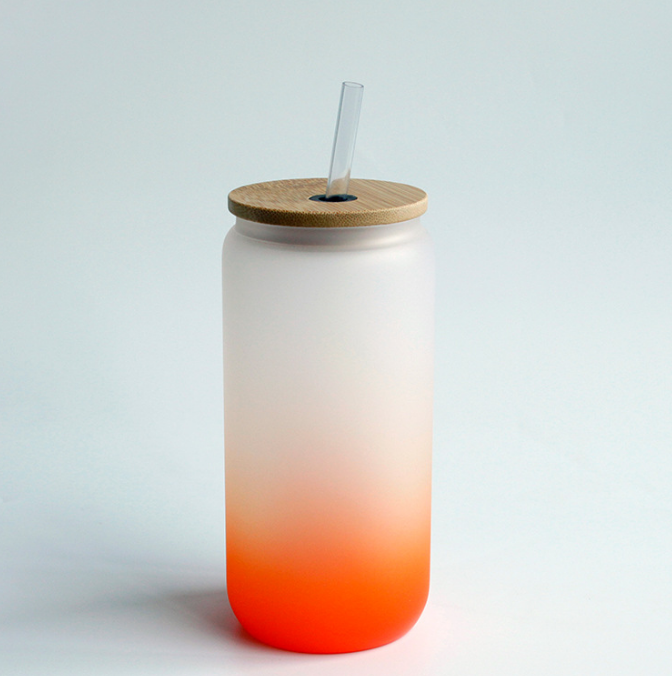 FROSTED Ombre Color Gradient 16 oz Beer Glass with Bamboo lid and straw