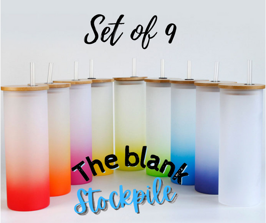 Set of 9| FROSTED Ombre Color Gradient 18oz Glass Skinny Tumbler with Bamboo lid