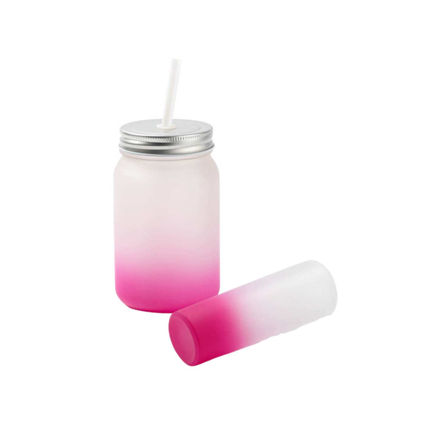 Set of 2| FROSTED Ombre Color Gradient 14.5 oz Mason Jar glass with lid and straw & 3oz Shot Glass