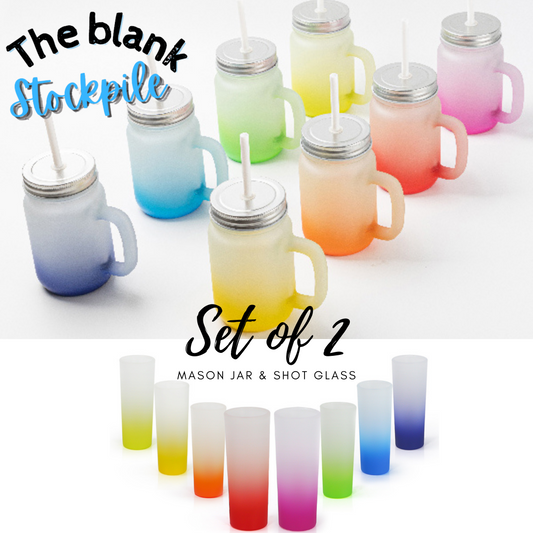 Set of 2| FROSTED Ombre Color Gradient 14.5 oz Mason Jar glass with lid and straw & 3oz Shot Glass